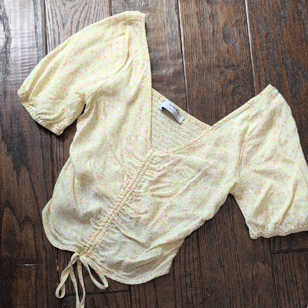 SOPHIE RUE I Pull-Tie Rouched Pastel Floral Yellow Short Sleeve Blouse Top, XS